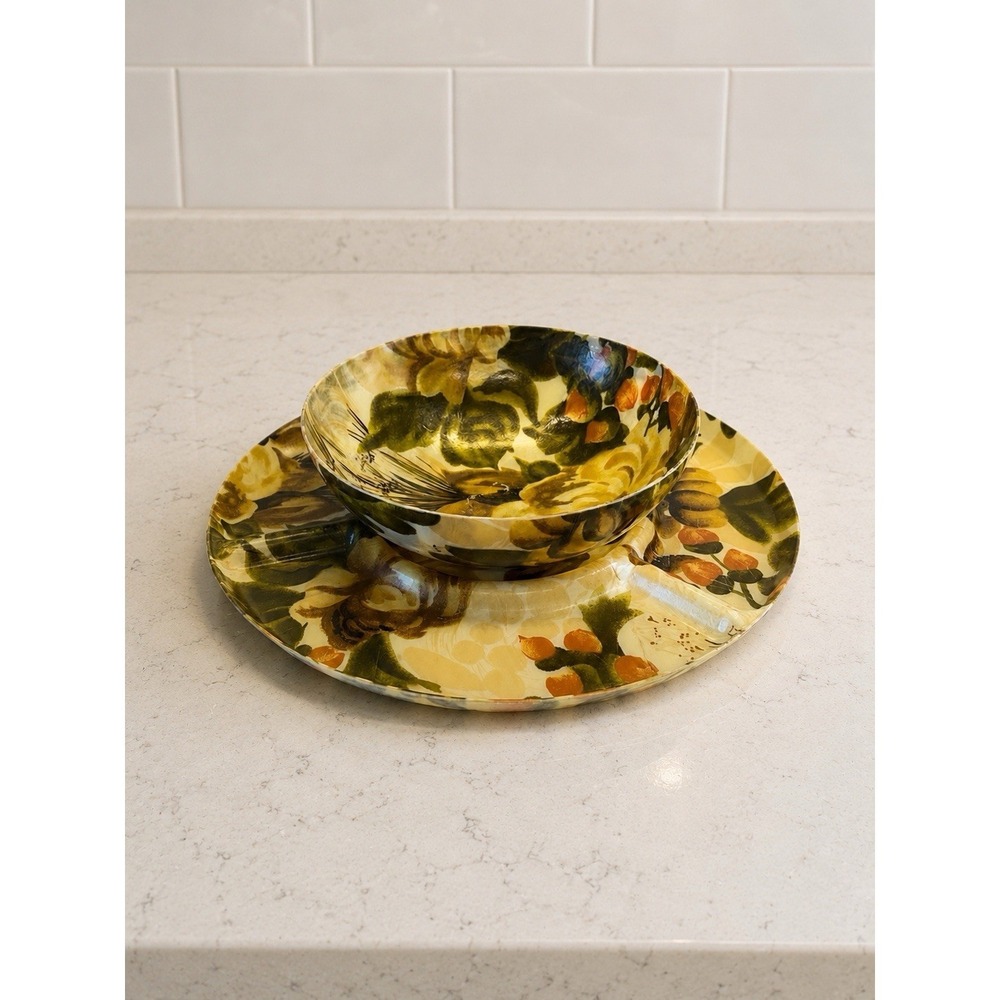 MCM Mid Century Modern Fiberglass Divided Serving Tray & Bowl Harvest Fall VTG